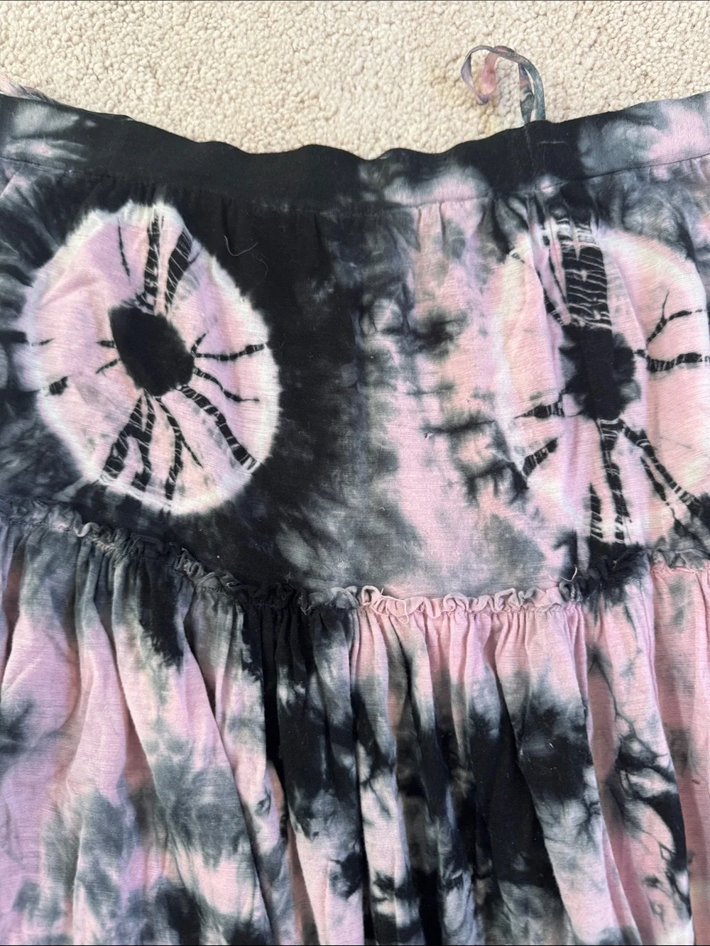 Tie-Dye Pink and Black Boho Tiered Skirt